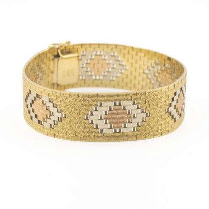 Złota bransoletka z geometrycznym wzorem, tricolor próba 0,585, XX wiek.