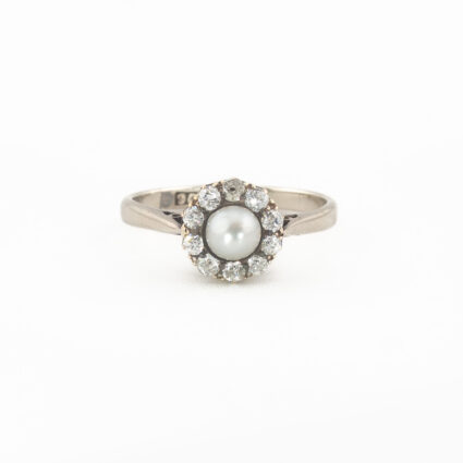 Pierścionek vintage z perłą Akoya i diamentami, złoto 9 ct
