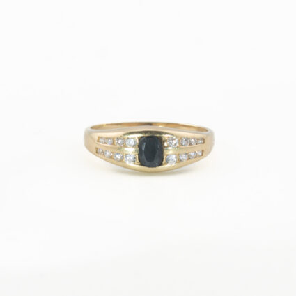 Złoty pierścionek z szafirem naturalnym i cyrkoniami, złoto 0,585