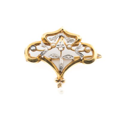 Złota broszka secesyjna z diamentami rauty i perełkami, Au 0,750