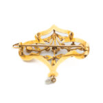 Złota broszka secesyjna z diamentami rauty i perełkami, Au 0,750