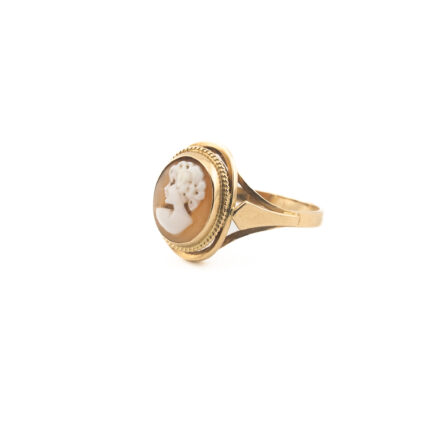 Złoty pierścionek z kameą wykonaną na muszli, biżuteria vintage, Au 0,585