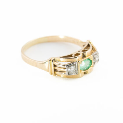 Złoty pierścionek vintage ze szmaragdem i diamentami