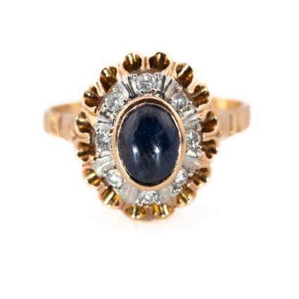 Złoty pierścionek z naturalnym szafirem i diamentami, Au 0,585
