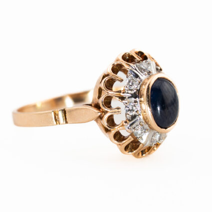 Złoty pierścionek z naturalnym szafirem i diamentami, Au 0,585